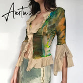 Aiertu y2k Printed Crop Top Ruffles V Neck T Shirt Women Vintage Fairycore Grunge Elegant Tee Autumn Winter Cardigans Chic Aiertu