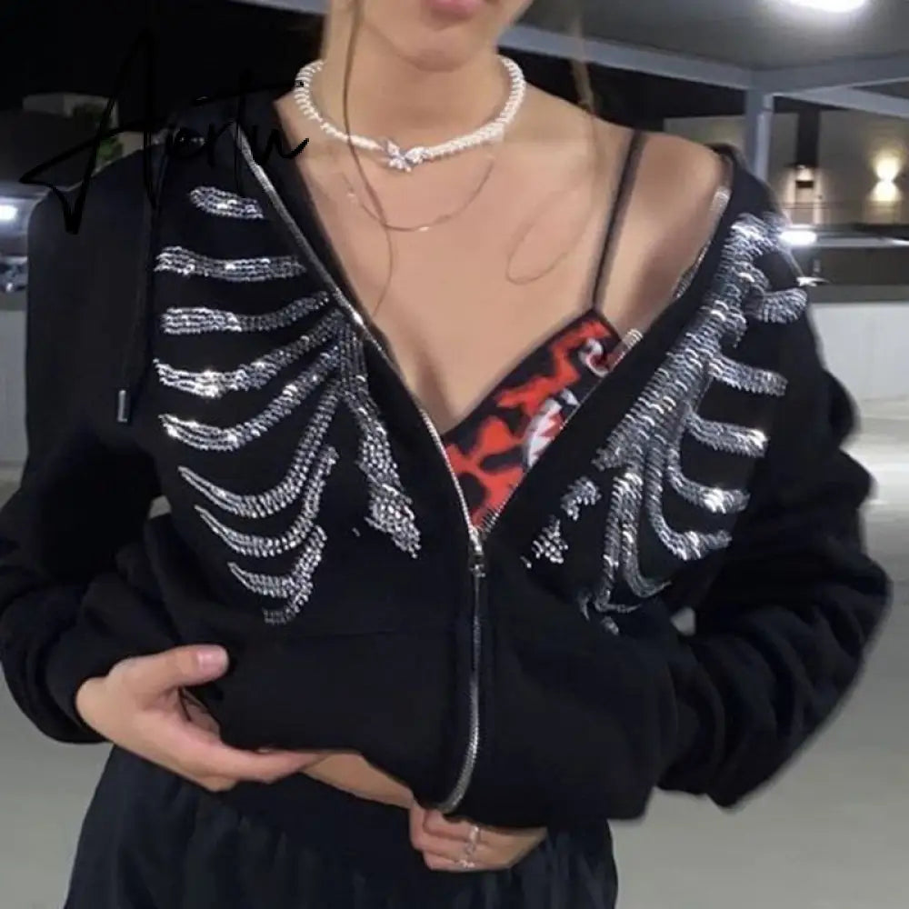 Aiertu Y2K Rhinestone Zip Up Oversized Sweatshirts Summer Goth Hoodies Women Grunge Hooded Jacket Streetwear Retro Clothe Aiertu