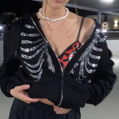Aiertu Y2K Rhinestone Zip Up Oversized Sweatshirts Summer Goth Hoodies Women Grunge Hooded Jacket Streetwear Retro Clothe Aiertu