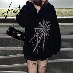 Aiertu Y2K Rhinestone Zip Up Oversized Sweatshirts Summer Goth Hoodies Women Grunge Hooded Jacket Streetwear Retro Clothe Aiertu