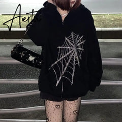 Aiertu Y2K Rhinestone Zip Up Oversized Sweatshirts Summer Goth Hoodies Women Grunge Hooded Jacket Streetwear Retro Clothe Aiertu
