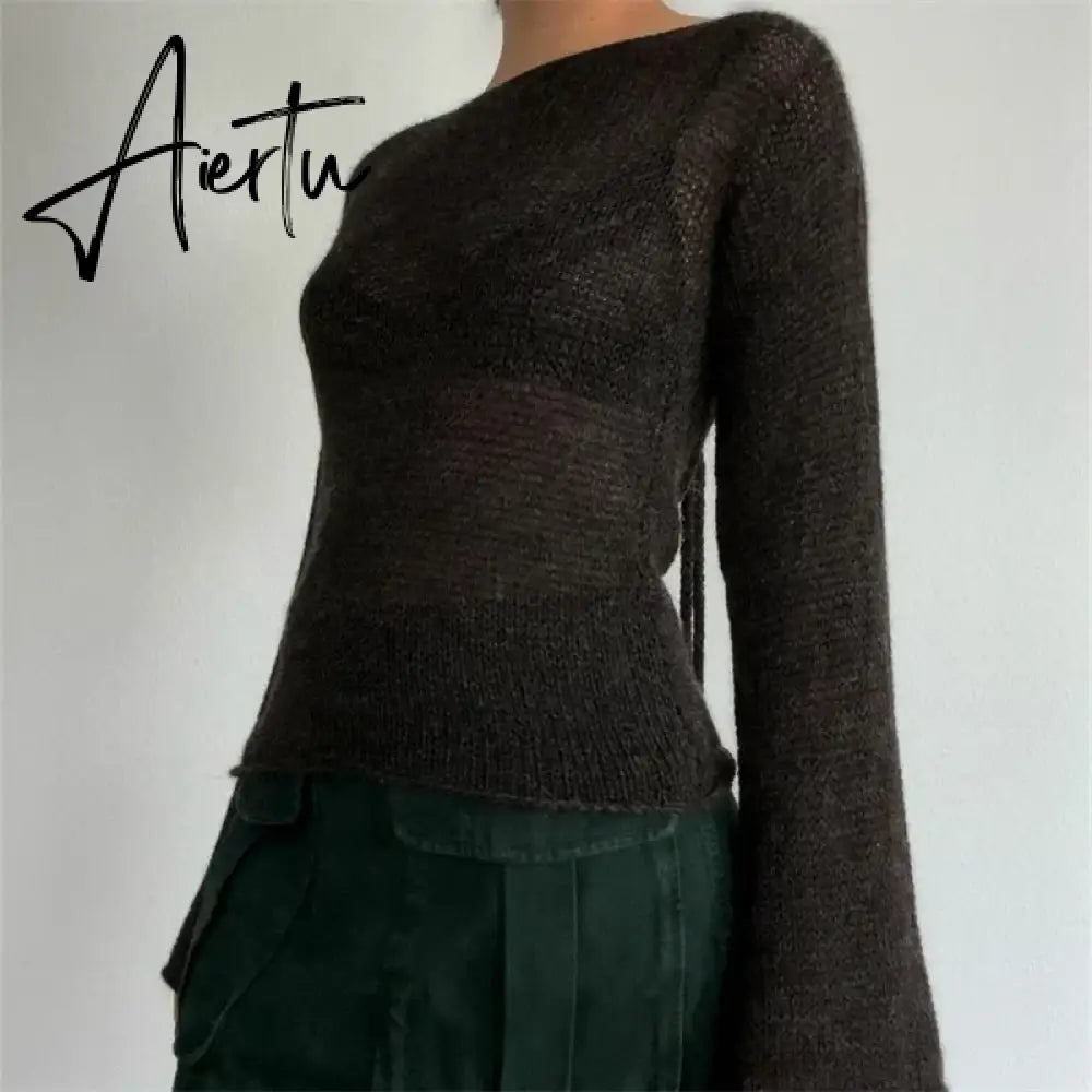 Aiertu Y2K Tie Back Sweaters Women Long Sleeve Boat Neck Solid Color Knitted Pullover Casual Crochet Tops Fall New Aiertu