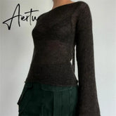 Aiertu Y2K Tie Back Sweaters Women Long Sleeve Boat Neck Solid Color Knitted Pullover Casual Crochet Tops Fall New Aiertu
