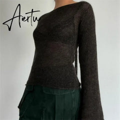 Aiertu Y2K Tie Back Sweaters Women Long Sleeve Boat Neck Solid Color Knitted Pullover Casual Crochet Tops Fall New Aiertu