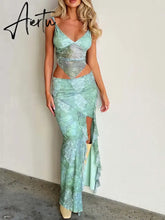 Aiertu Y2K Women Summer Tube Top Long Skirt Set Slim Fit Sleeveless Floral Vest Split Casual Long Skirts Sexy Outfits Aiertu