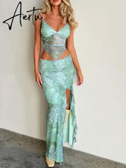Aiertu Y2K Women Summer Tube Top Long Skirt Set Slim Fit Sleeveless Floral Vest Split Casual Long Skirts Sexy Outfits Aiertu