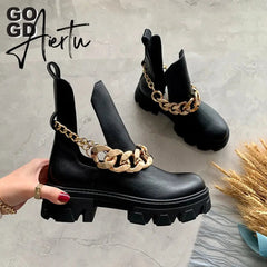 Aiertu ZA Winter High Quality Platform Gold Chain Fashion Ankle Boots Women Cool Punk Motorcycles Shoes ботинки женские Aiertu
