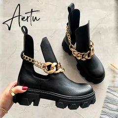 Aiertu ZA Winter High Quality Platform Gold Chain Fashion Ankle Boots Women Cool Punk Motorcycles Shoes ботинки женские Aiertu