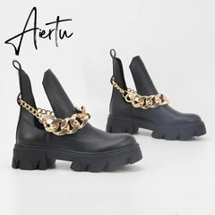 Aiertu ZA Winter High Quality Platform Gold Chain Fashion Ankle Boots Women Cool Punk Motorcycles Shoes ботинки женские Aiertu