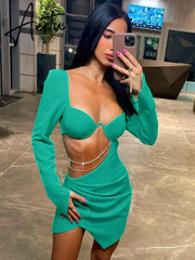 Aieru Autumn Diamond Chain Hollow Out Full Sleeve Mini Dress For Women Fashion Green Backless Ruched Dress Vestido Clothes Aiertu
