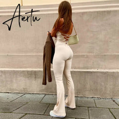 Aieru Bandage Sexy Backless Elegant Strapless Jumpsuits Women Club Party Flare Pants Rompers One Piece Outfits Overalls Aiertu