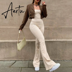 Aieru Bandage Sexy Backless Elegant Strapless Jumpsuits Women Club Party Flare Pants Rompers One Piece Outfits Overalls Aiertu