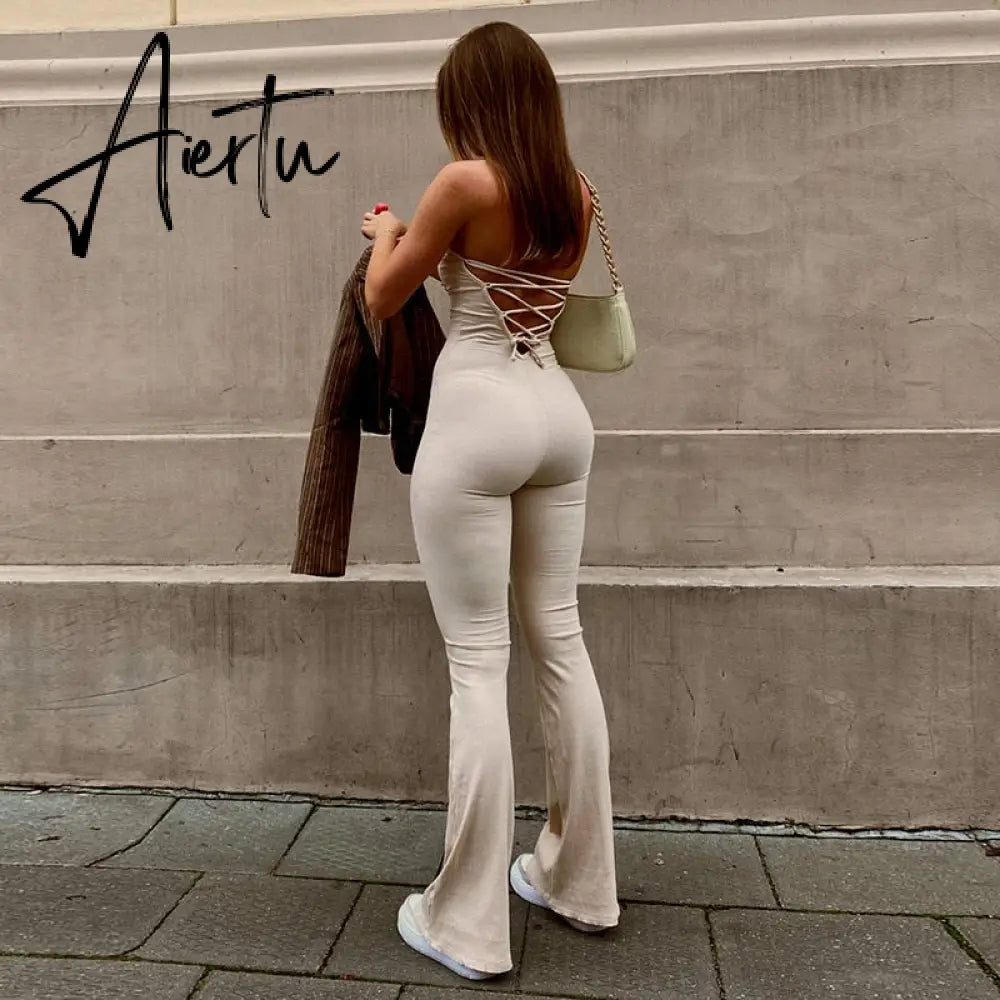Aieru Bandage Sexy Backless Elegant Strapless Jumpsuits Women Club Party Flare Pants Rompers One Piece Outfits Overalls Aiertu