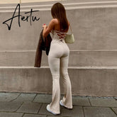 Aieru Bandage Sexy Backless Elegant Strapless Jumpsuits Women Club Party Flare Pants Rompers One Piece Outfits Overalls Aiertu
