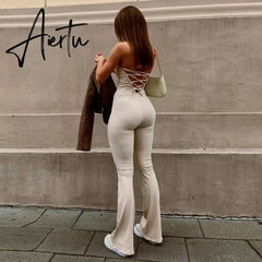 Aieru Bandage Sexy Backless Elegant Strapless Jumpsuits Women Club Party Flare Pants Rompers One Piece Outfits Overalls Aiertu