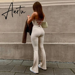 Aieru Bandage Sexy Backless Elegant Strapless Jumpsuits Women Club Party Flare Pants Rompers One Piece Outfits Overalls Aiertu