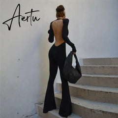 Aieru Black Sexy Backless Jumpsuits for Women Casual Flare Pants Rompers Club Party One Piece Outfits Overall Clothes Aiertu
