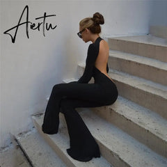 Aieru Black Sexy Backless Jumpsuits for Women Casual Flare Pants Rompers Club Party One Piece Outfits Overall Clothes Aiertu