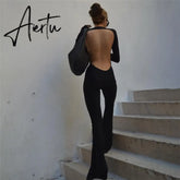 Aieru Black Sexy Backless Jumpsuits for Women Casual Flare Pants Rompers Club Party One Piece Outfits Overall Clothes Aiertu