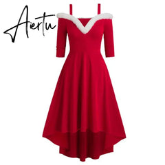 Aieru Christmas Costume Party Dress Women Long Sleeve Deep V-neck Vintage Elegant Winter Dress New Year Holiday Robe Aiertu