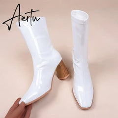 Aieru Designer Brand Luxury Women Modern Boots High Heel Boots Motorcycle Boots Patent Leather White Pu Leather Boots Goth Botas Aiertu