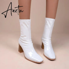 Aieru Designer Brand Luxury Women Modern Boots High Heel Boots Motorcycle Boots Patent Leather White Pu Leather Boots Goth Botas Aiertu