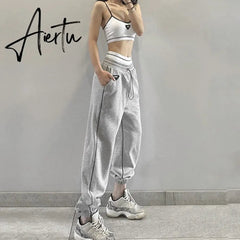 Aieru Drawstring Sweatpants Print Loose Casual Jogger Pants Women Fashion High Waist Comfort Athleisure Gym Running Harem Pant Aiertu