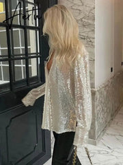 Aieru Sequins Blouse Shirts Long Sleeve Top Button Up Shirt Y2K Vintage Women Clothing Club Party Glitter Top Female Collared Shirt Aiertu