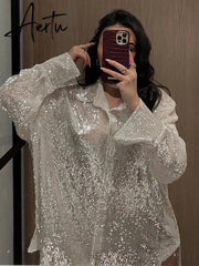 Aieru Sequins Blouse Shirts Long Sleeve Top Button Up Shirt Y2K Vintage Women Clothing Club Party Glitter Top Female Collared Shirt Aiertu