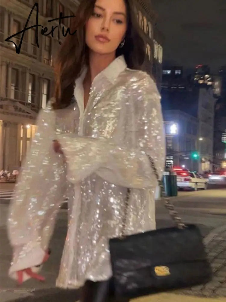 Aieru Sequins Blouse Shirts Long Sleeve Top Button Up Shirt Y2K Vintage Women Clothing Club Party Glitter Top Female Collared Shirt Aiertu