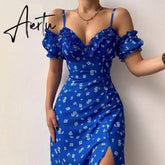 Aieru Sexy Sling Ruffle Strapless Slit Party Dress Women Summer Elegant Off Shoulder V Neck Long Dress Spring Floral Print Slim Dress Aiertu