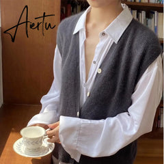 Aieru Sweater Vest Loose Autumn and Winter Warm Knitted Vest Sweater for Women Loose Solid Sleeveless Sweaters Aiertu