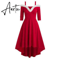 Aieru Winter Women Christmas Dress Elegant Puff Long Sleeve Faux Fur Collar Midi Party Costume Xmas New Year Festival Robe Aiertu
