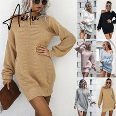 Aieru Women's Autumn and Winter New Knitted Sweater Dresses Casual Off Shoulder Lantern Sleeve Knitted Sweater Skirts Pull Femme 18045 Aiertu