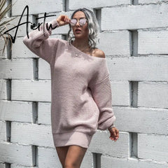 Aieru Women's Autumn and Winter New Knitted Sweater Dresses Casual Off Shoulder Lantern Sleeve Knitted Sweater Skirts Pull Femme 18045 Aiertu
