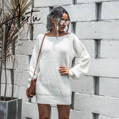 Aieru Women's Autumn and Winter New Knitted Sweater Dresses Casual Off Shoulder Lantern Sleeve Knitted Sweater Skirts Pull Femme 18045 Aiertu
