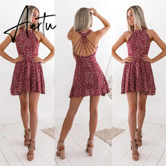 Aieru Womens Boho Beach Summer Holiday tumblr Sundress Halter Floral Mini Dress Ladies Slim Sleeveless vestido playa Aiertu