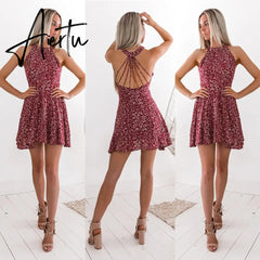 Aieru Womens Boho Beach Summer Holiday tumblr Sundress Halter Floral Mini Dress Ladies Slim Sleeveless vestido playa Aiertu
