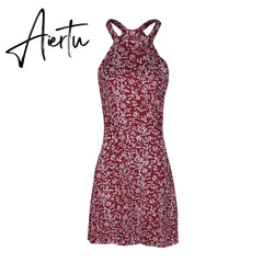 Aieru Womens Boho Beach Summer Holiday tumblr Sundress Halter Floral Mini Dress Ladies Slim Sleeveless vestido playa Aiertu