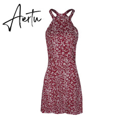 Aieru Womens Boho Beach Summer Holiday tumblr Sundress Halter Floral Mini Dress Ladies Slim Sleeveless vestido playa Aiertu