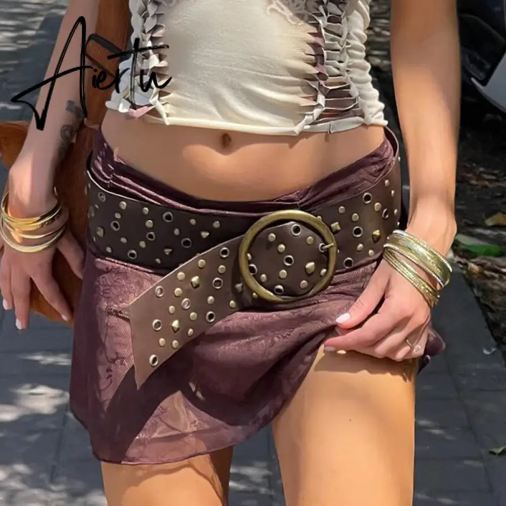 American Retro Grunge Belts PU Leather Rivet Metal Ring Hollow Out Adjustable Belts Y2K Aesthetic Cyber Edgy Techno Accessories Aiertu