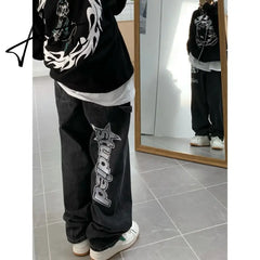 American street clothing retro trend pocket jeans female letter star print high waist casual oversized straight pants women Aiertu