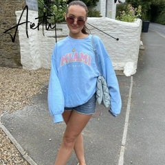 American Stylish Letter Printing Sweatshirt Women Sky Blue Thick Warm Winter Tops New Oversized Streetwear Fashion Aiertu