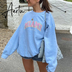 American Stylish Letter Printing Sweatshirt Women Sky Blue Thick Warm Winter Tops New Oversized Streetwear Fashion Aiertu