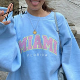 American Stylish Letter Printing Sweatshirt Women Sky Blue Thick Warm Winter Tops New Oversized Streetwear Fashion Aiertu