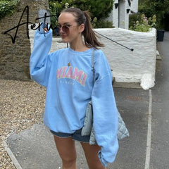 American Stylish Letter Printing Sweatshirt Women Sky Blue Thick Warm Winter Tops New Oversized Streetwear Fashion Aiertu