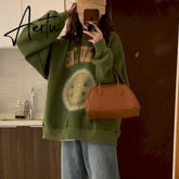 American Vintage Pullover Women Autumn Winter New Korean Plus Velvet Thick Print Long-sleeved T Shirt Crewneck Sweatshirt Aiertu