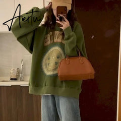 American Vintage Pullover Women Autumn Winter New Korean Plus Velvet Thick Print Long-sleeved T Shirt Crewneck Sweatshirt Aiertu