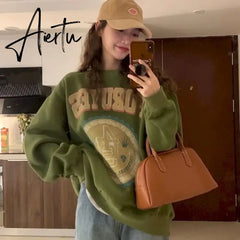 American Vintage Pullover Women Autumn Winter New Korean Plus Velvet Thick Print Long-sleeved T Shirt Crewneck Sweatshirt Aiertu