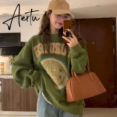 American Vintage Pullover Women Autumn Winter New Korean Plus Velvet Thick Print Long-sleeved T Shirt Crewneck Sweatshirt Aiertu